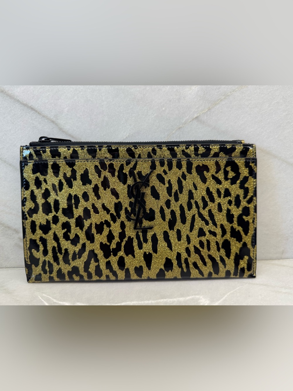 Yves Saint Laurent Gold Glitter Leopard Patent Clutch with Black YSL Logo